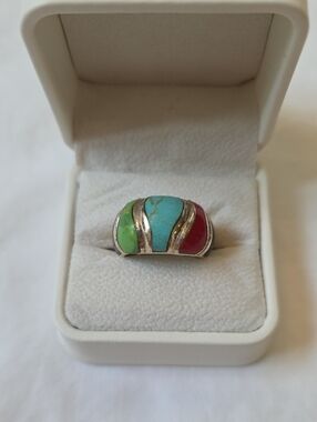 Sterling Silver Multistone Inlay Ring with Turquoise, Red and Green Size 7.75